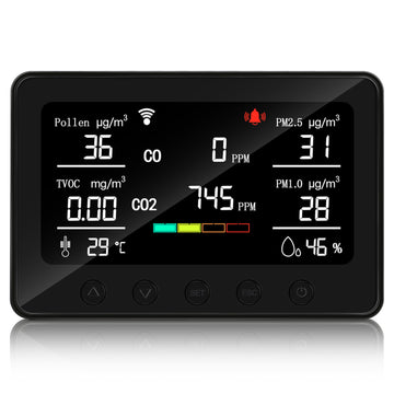 CAREFOR Smart Air Quality Monitor Indoor, Air Quality Meter Detects Pollen, CO, PM2.5, PM1.0, CO2, TVOC, Humidity, Temp, Wildfire App for Configuration&Data History and Alerts, Connected with 5GHz Wi-Fi